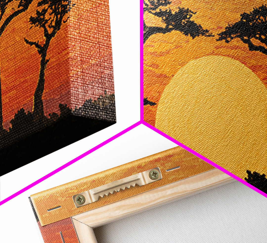 Golden Baobab Sunset Silhouette Wall Art, African Landscape Canvas Decor, Safari Tree Print, Warm Orange Living Room Gift