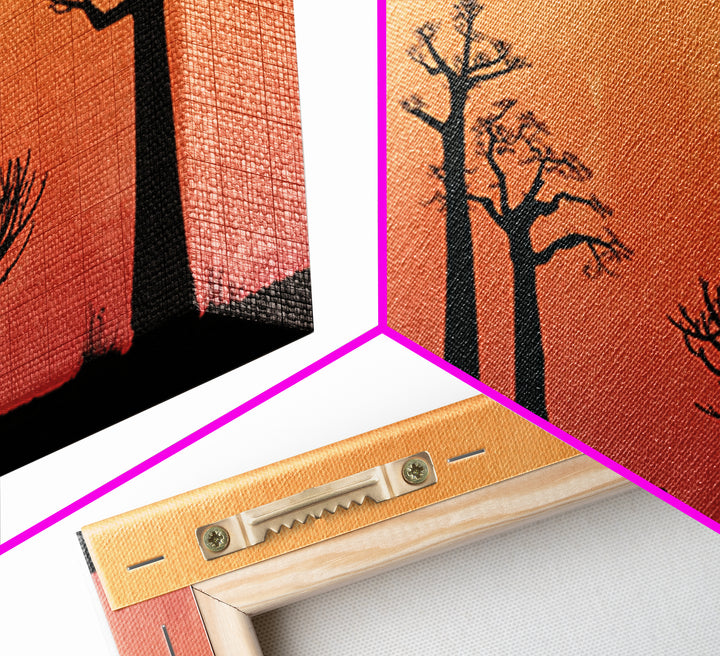 Minimal Baobab Grove Silhouette Canvas Print, African Landscape Wall Decor, Orange Sunset Safari Art, Boho Home Decor Gift