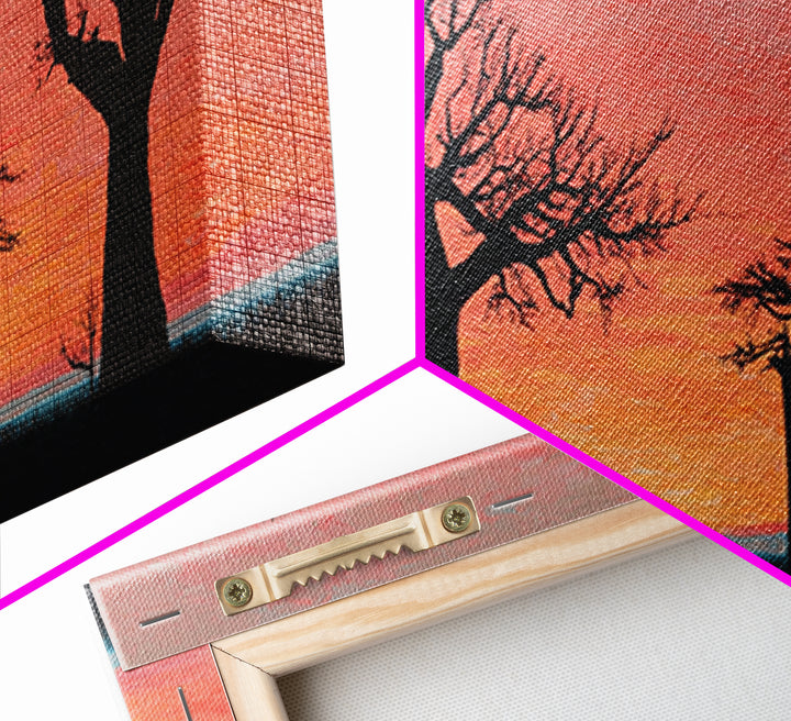 Coral Baobab Tree Silhouette Wall Art, African Landscape Print, Pink Sunset Safari Decor, Modern Canvas Gift For Home Decor