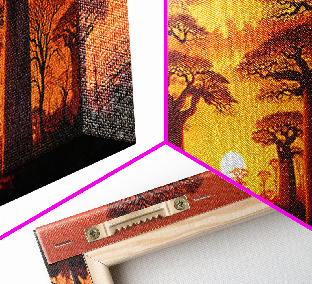 Fiery Baobab Avenue At Sunset Framed Canvas Print, African Safari Landscape Wall Decor, Dramatic Orange Statement Art Gift