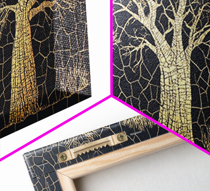 Gold Mosaic Baobab Forest Wall Art, African Tree Canvas Decor, Black And Gold Geometric Safari Print, Luxury Home Decor Gift