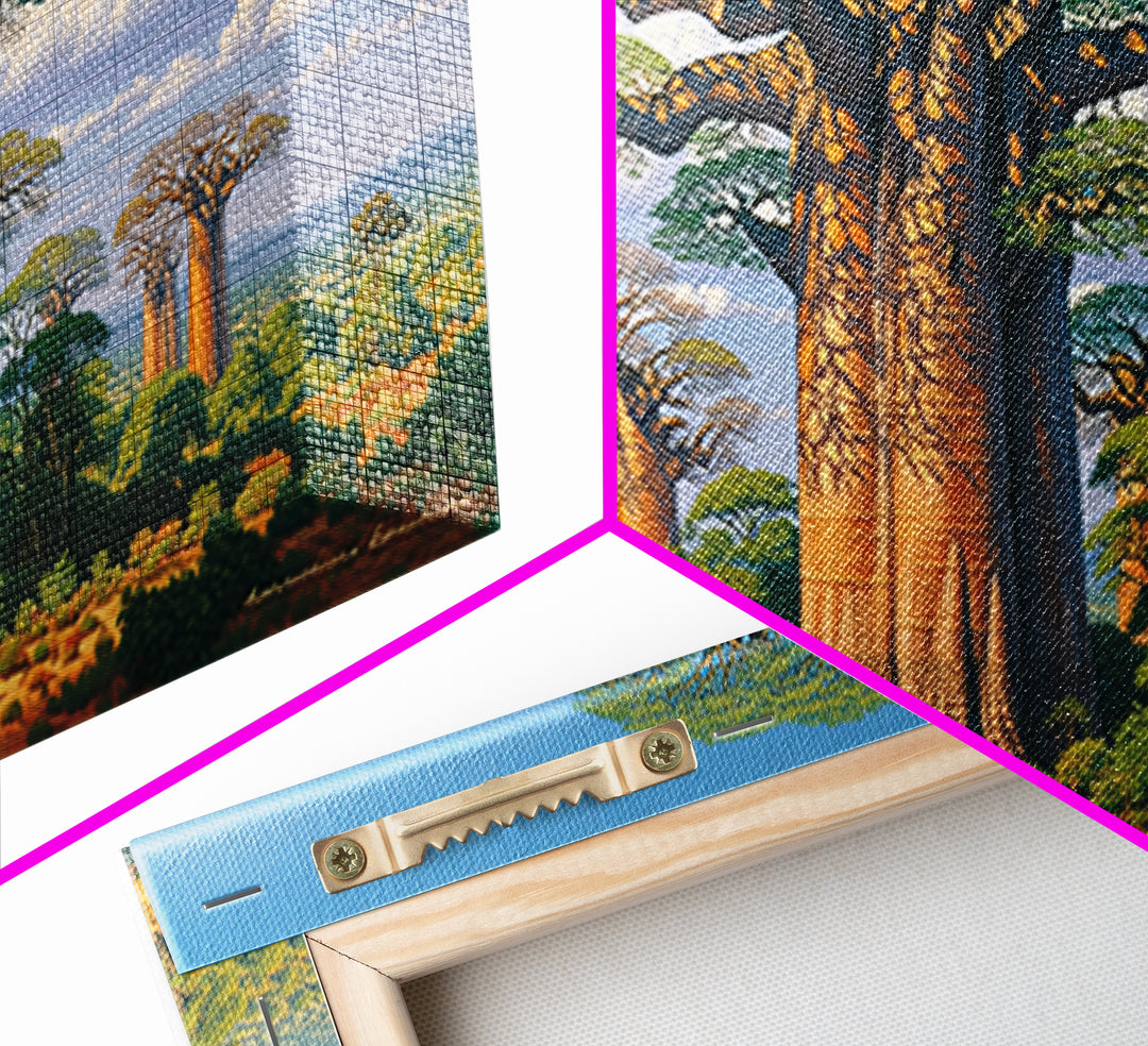 Lush Baobab Forest Under Blue Sky Framed Canvas Print, African Landscape Wall Decor, Madagascar Safari Tree Art Home Decor Gift
