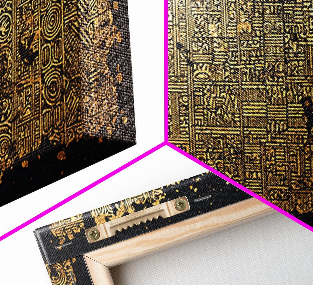Gold Tribal Textile Pattern Canvas Print, Abstract African Art Decor, Kuba Inspired Wall Decor, Luxury Black Home Accent