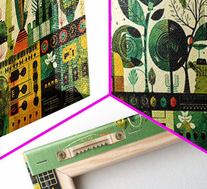 Green Abstract Botanical Cityscape Wall Art, African Patterns, Modern Afrocentric Canvas Print, Cultural Home Decor Gift