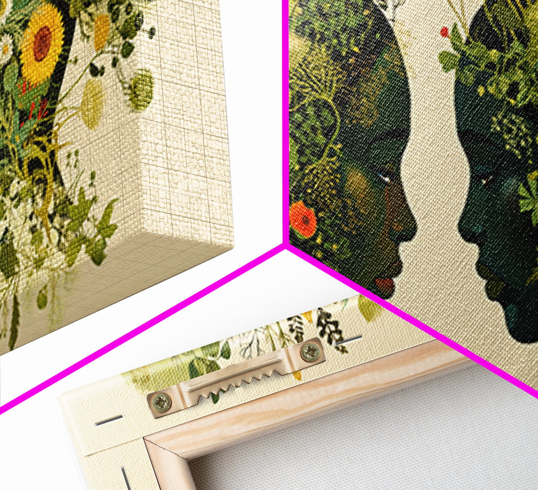 Floral Black Women Profile Portrait Wall Art, African Woman Art, Afrocentric Feminine Canvas Print, Botanical Home Decor Gift