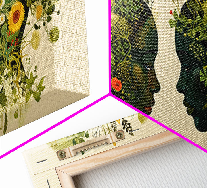 Floral Black Women Profile Portrait Wall Art, African Woman Art, Afrocentric Feminine Canvas Print, Botanical Home Decor Gift