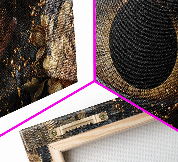 Golden Floral Mystic Eye Canvas Print, Black And Gold Abstract Wall Art, Luxury Feminine Decor For Stylish Living Room Gift