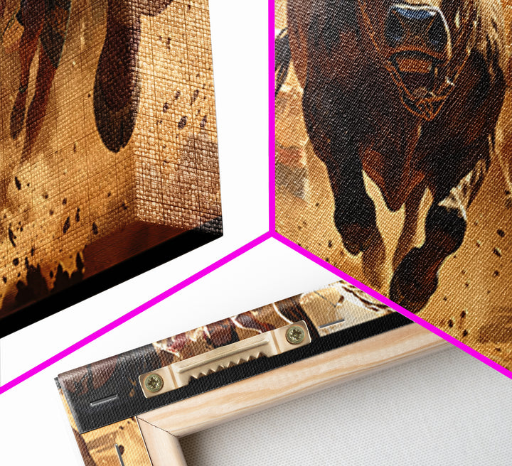 Charging Bull Race Framed Canvas Print, African Warrior Runners, Dusty Safari Action Art, Bold Cultural Living Room Decor