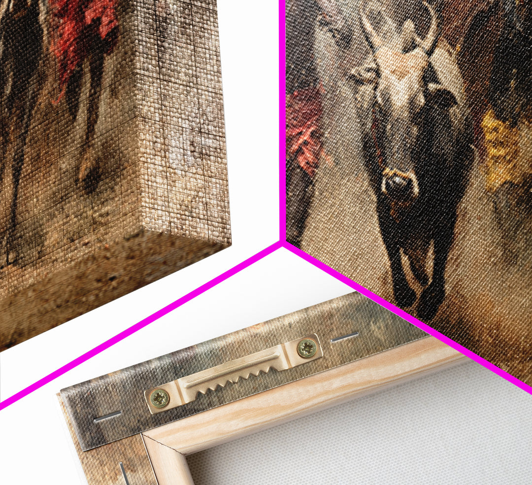 African Cattle Race Wall Art, Tribal Runners In Dusty Motion, Dramatic Safari Painting, Rustic Culture Decor For Home And Office