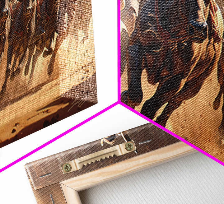 Charging African Bulls Framed Canvas Print, Runners And Dusty Arena, Bold Safari Action Wall Decor, Cultural Home Statement