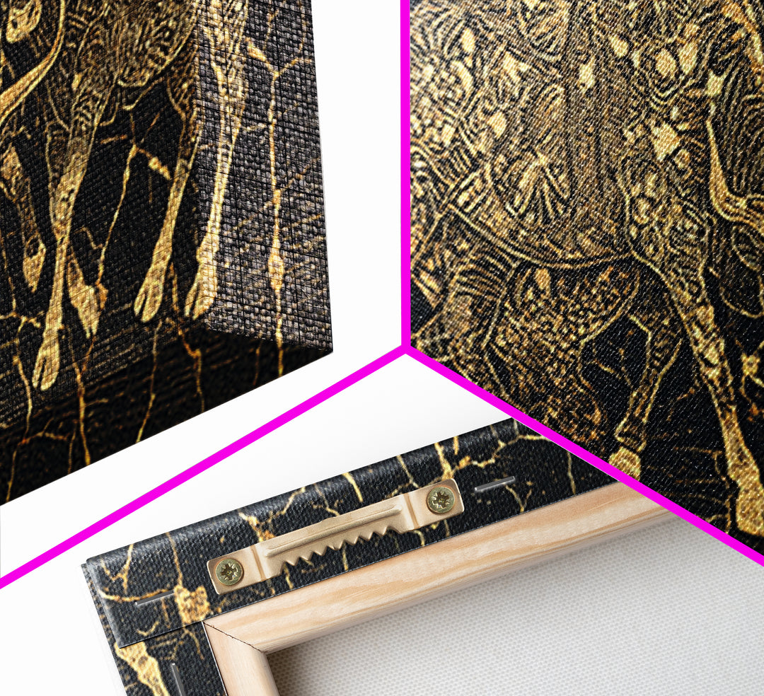 Gold Line Cattle On Black Wall Art, African Inspired Bull Illustration, Geometric Crackle Texture Decor, Luxury Canvas Print