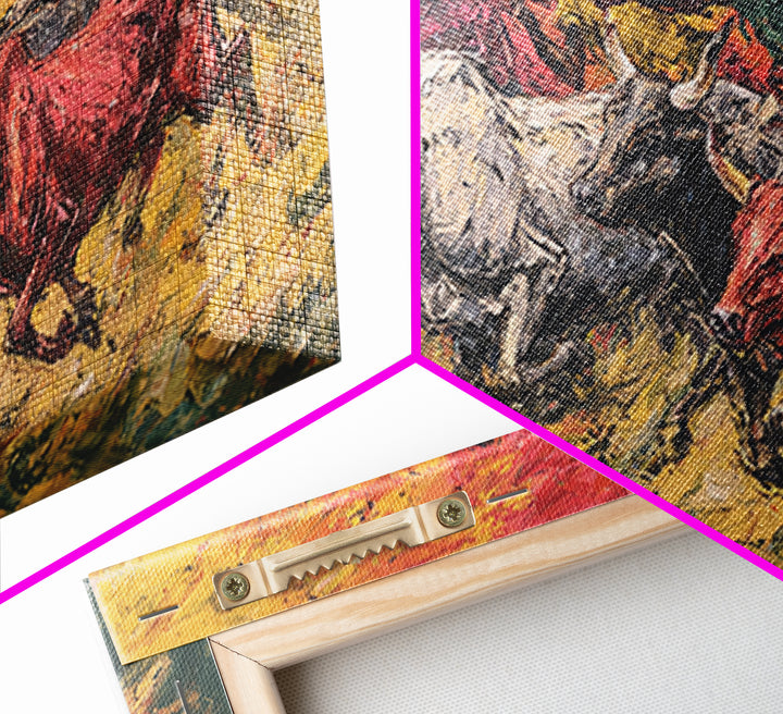 Colorful African Bull Race Canvas Print, Expressive Tribal Runners, Sunset Safari Painting, Bright Vibrant Cultural Wall Decor