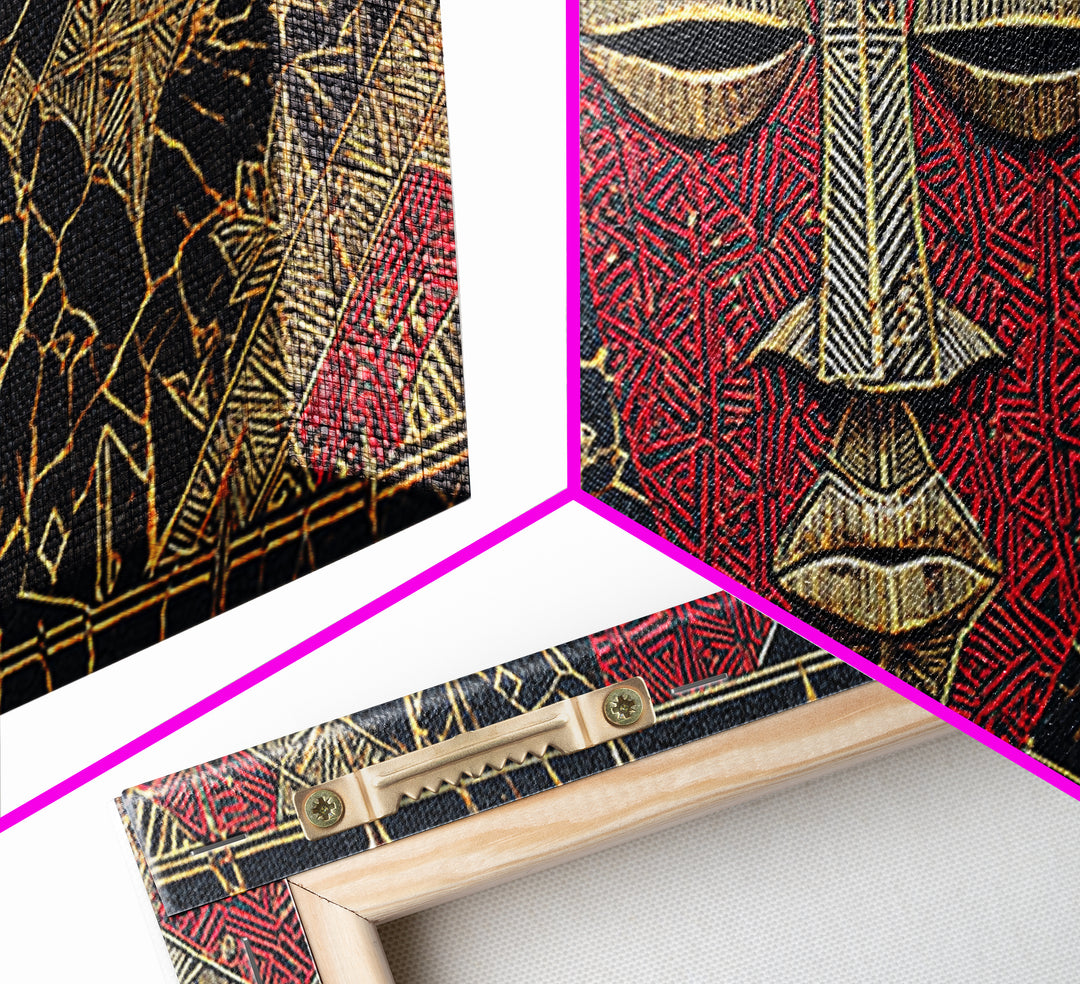 Red African Mask With Gold Geometric Pattern, Framed Canvas Print, Tribal Mask Canvas, Cultural Wall Decor Gift For Home