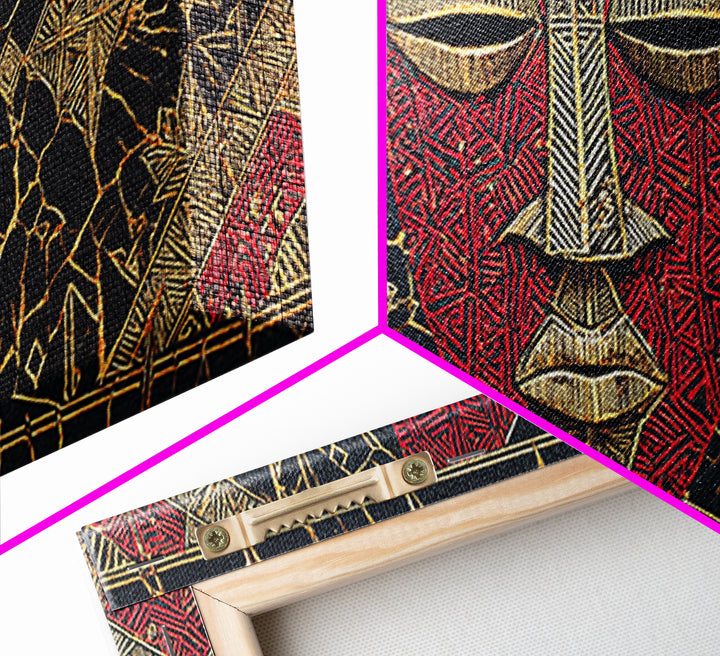 Red African Mask With Gold Geometric Pattern, Framed Canvas Print, Tribal Mask Canvas, Cultural Wall Decor Gift For Home