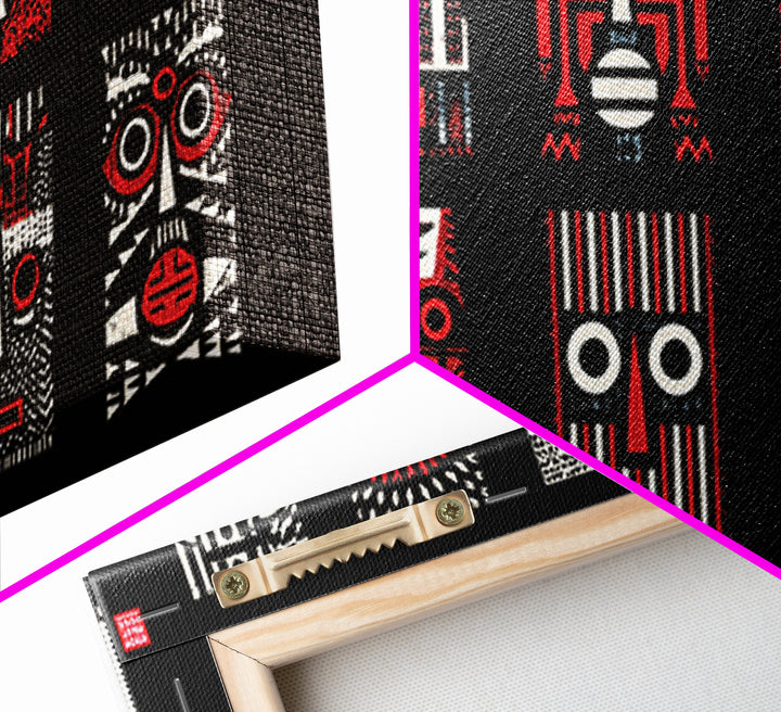 Nine Graphic Red Black And White African Masks, Wall Art, Tribal Mask Canvas, Afrocentric Decor, Bold Modern Pattern Print Set