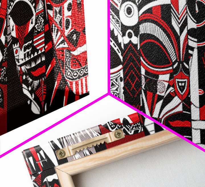 Overlapping Red Tribal Masks In Bold Pattern, African Mask Wall Art, Afrocentric Decor, Contemporary Canvas Print, Home Decor Gift