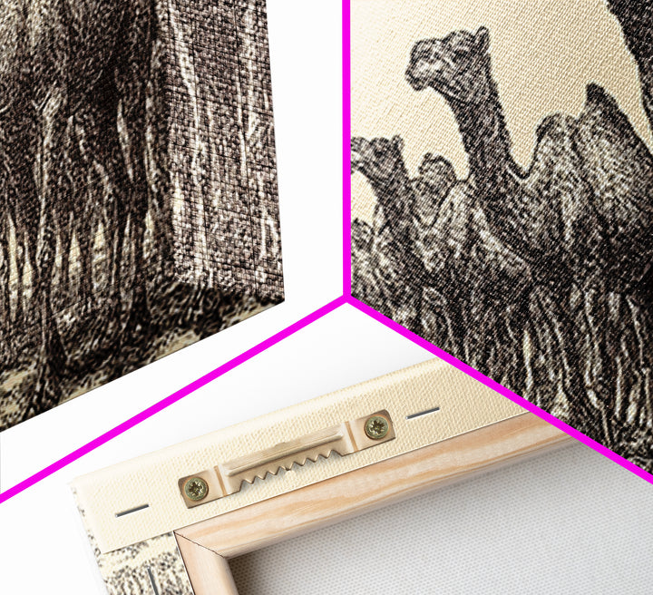 Ink Sketch Camel Herd Across Desert Wall Art, African Safari Art Print, Black And White Tribal Decor, Camel Artwork For Living Room