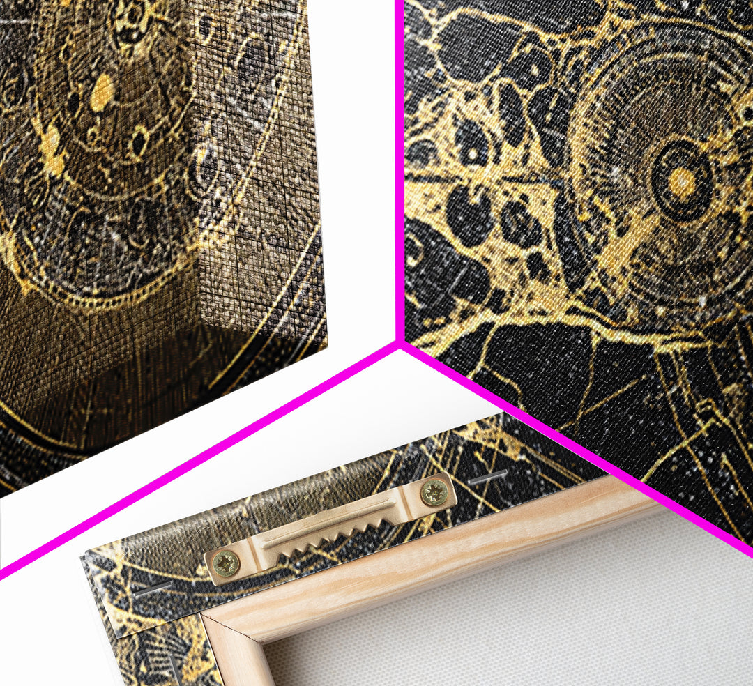 Golden Cosmic Web And Solar Orbit Framed Canvas Print, Abstract Wall Art, Black And Gold Decor, Mystical Astronomy Artwork