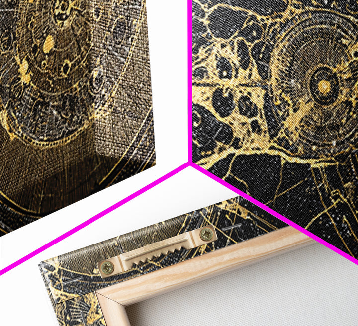 Golden Cosmic Web And Solar Orbit Framed Canvas Print, Abstract Wall Art, Black And Gold Decor, Mystical Astronomy Artwork