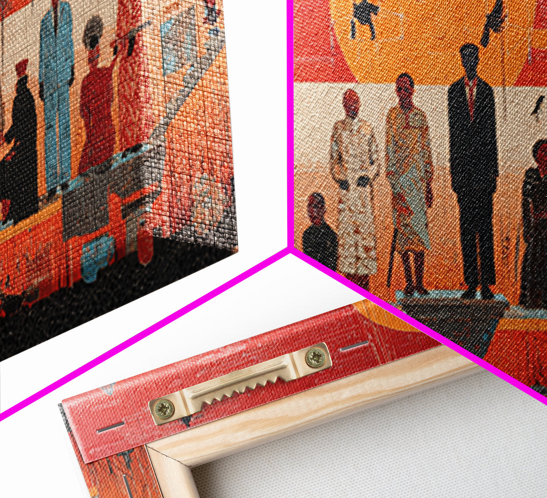 Orange Sunset Gathering With African Figures Wall Art, Black Culture Art, Contemporary Canvas, Statement Living Room Decor