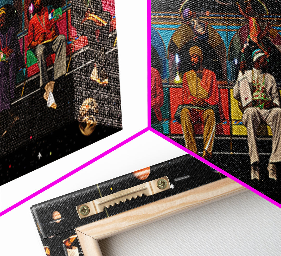Black Travelers On Cosmic Subway Framed Canvas Print, Afrofuturism Decor, African American Art, Space Wall Decor Gift For Him