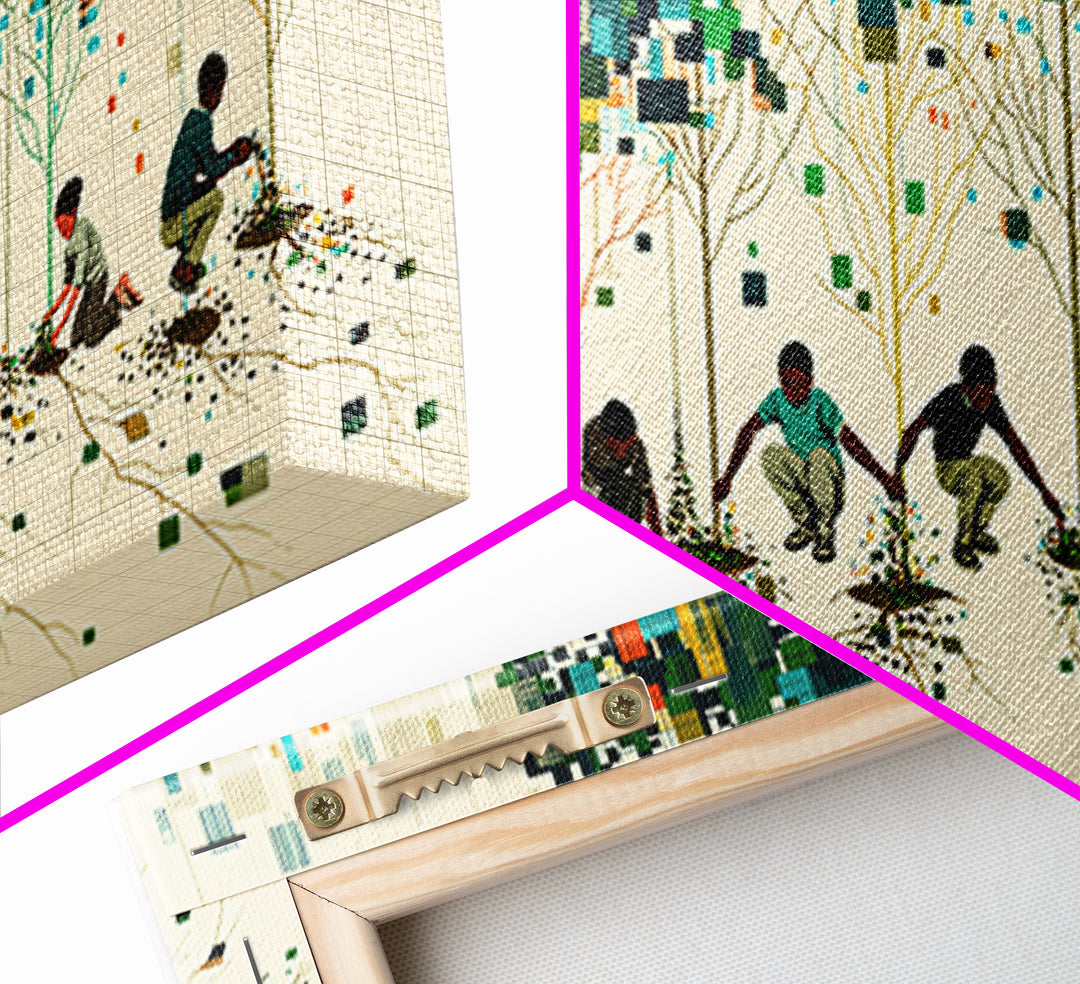 Children Planting Digital Forest Wall Art, African Community Tree Artwork, Modern Afrocentric Decor, Eco Living Room Print