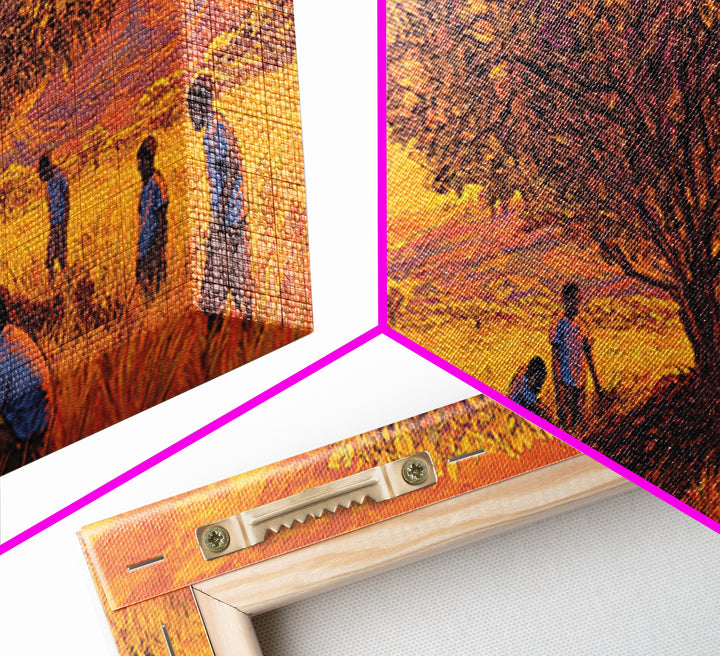 Golden Savanna Tree Framed Canvas Print, African Children Landscape, Sunset Safari Art, Warm Cultural Wall Decor Gift Print