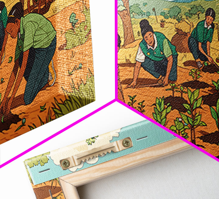 Students Planting Saplings Canvas Print, African Safari Landscape, Youth Garden Artwork, Green Nature Wall Decor Gift For Kids