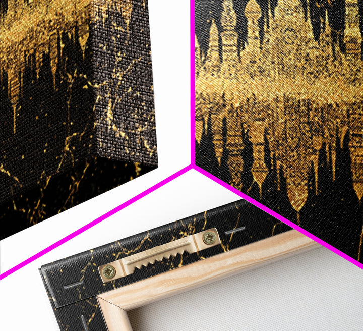 Golden Temple Skyline Reflection Framed Canvas Print, African Inspired Black And Gold Wall Decor, Luxury Statement Art Gift