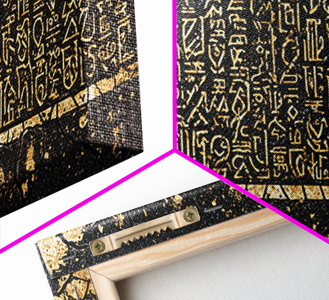 Gold Egyptian Hieroglyph Panel Wall Art, African Culture Art Print, Ancient African Decor, Black And Gold Statement Canvas