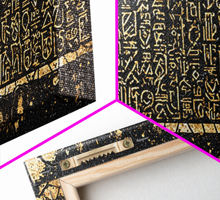 Gold Egyptian Hieroglyph Panel Wall Art, African Culture Art Print, Ancient African Decor, Black And Gold Statement Canvas