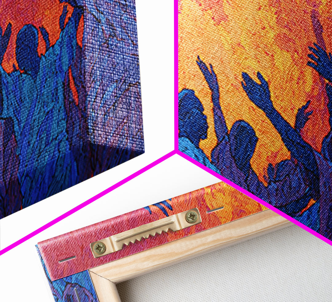 Blue Celebration Crowd Wall Art, African Festival Dance, Abstract African Art, Spiritual Wall Decor, Vibrant Canvas Print