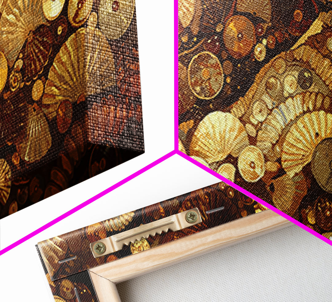 Gold Brown Shell Mosaic Wall Art, Abstract African Patterns, Luxury Art Home Decor, Earth Tone Bohemian Framed Canvas Print