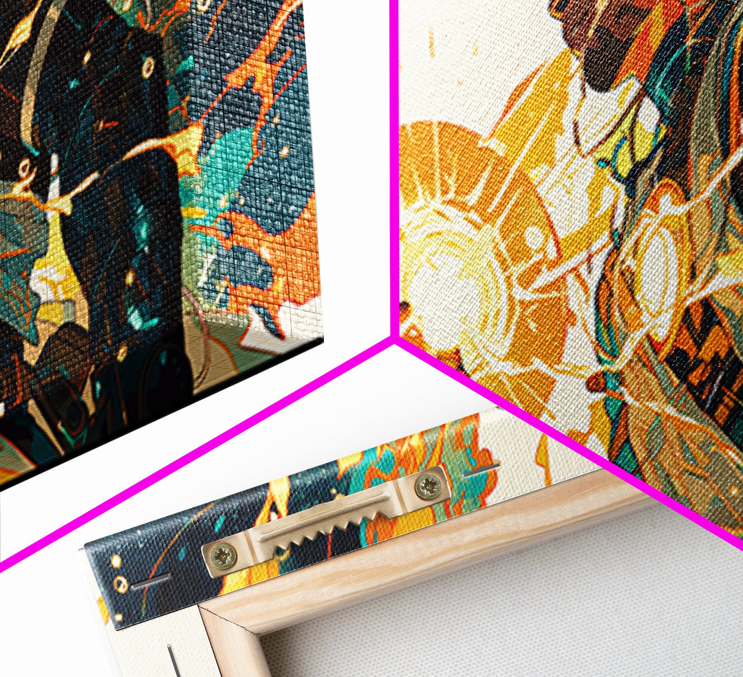 Black Futuristic Warrior Holding Sun Canvas Print, Afrofuturism Decor, Modern African Art, Teal Orange Wall Art Gift For Him