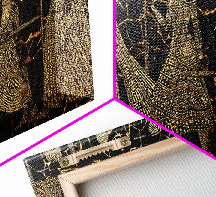 Gold Tribal Women Procession On Black Wall Art, African Patterns, Elegant Cultural Decor, Boho African Canvas Print For Bedroom