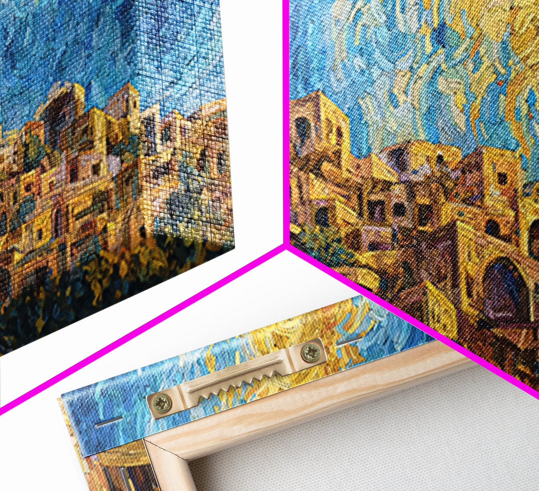Swirling Sky Desert Village Framed Canvas Print, African Landscape Wall Art, Dreamy Blue Gold Home Decor, Unique Gift Idea