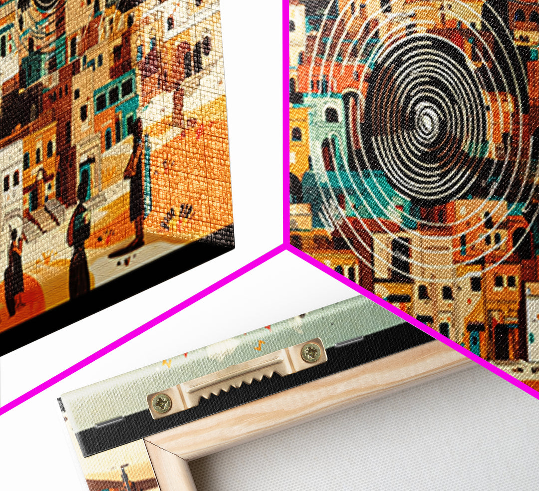Panoramic Desert City With Circular Motifs Canvas Print, African Landscape, Modern Wall Art, Terracotta Home Decor Gift For Him