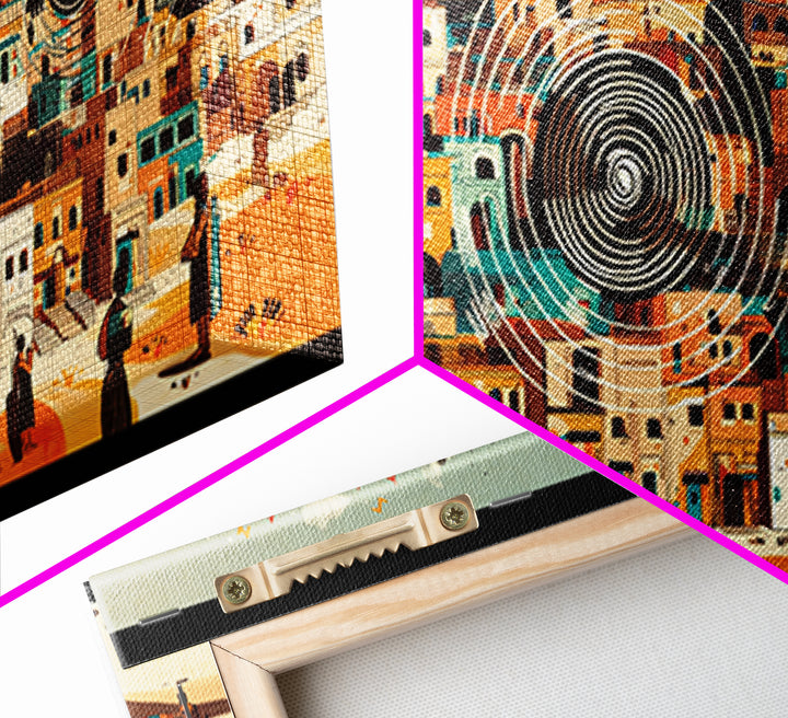 Panoramic Desert City With Circular Motifs Canvas Print, African Landscape, Modern Wall Art, Terracotta Home Decor Gift For Him