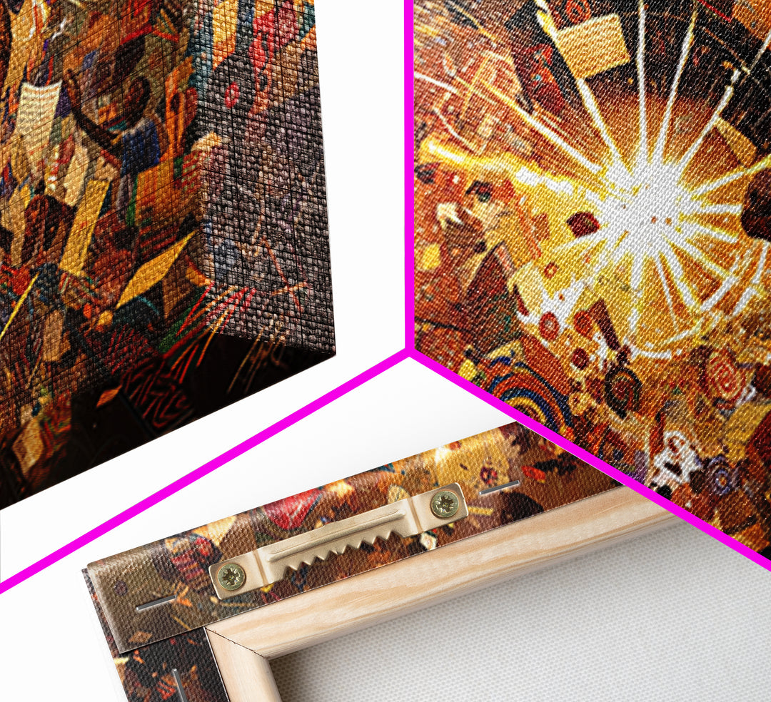 Radiant African Fabric Collage Wall Art, Abstract Tribal Patterns, Colorful Afrocentric Decor, Modern Cultural Art Print