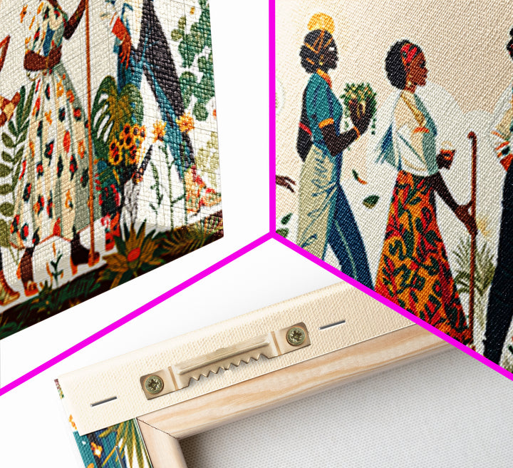 Elegant African Women Procession Wall Art, Floral Ankara Dresses, Feminine Afrocentric Decor, Black Woman Art Gift For Her