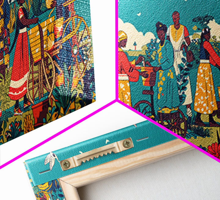 Joyful African Village Garden Canvas Print, Black Women Community Scene, Colorful Afrocentric Wall Decor, Housewarming Gift