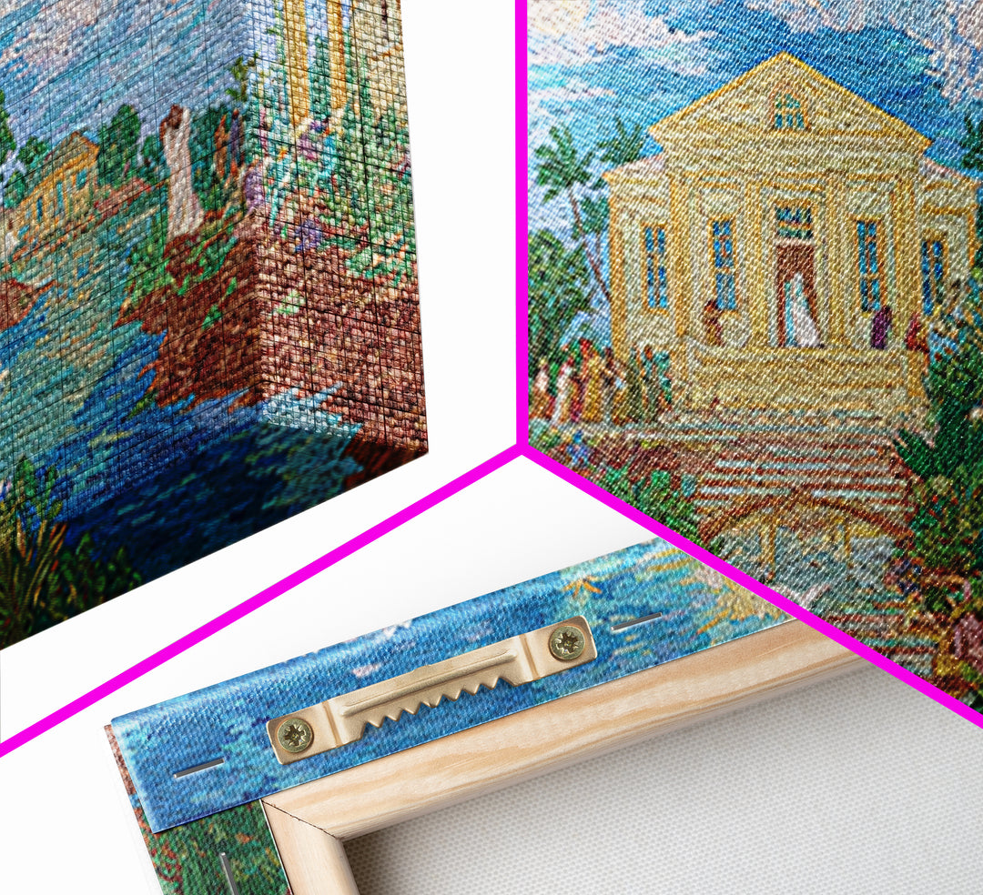 Dreamy Temple Lake Landscape Wall Art, Blue Impressionist Nature Scene, Spiritual African Inspired Decor, Elegant Home Gift