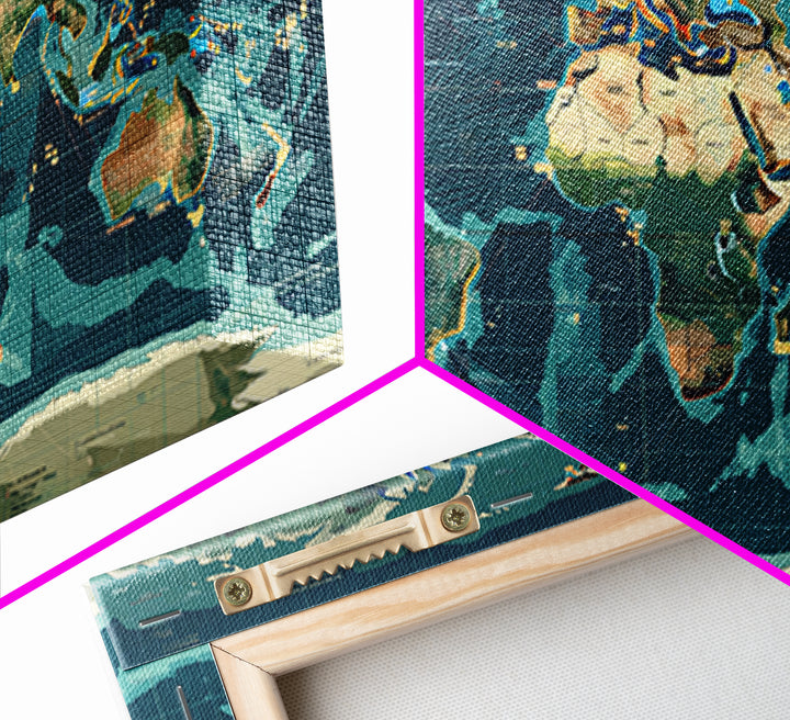 Teal Illustrated World Map Wall Art, Digital Art, Office Decor, Modern Wall Decor, Large Canvas Wall Art, Gift For Travelers