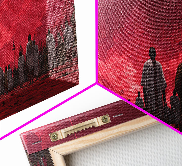 Red Dystopian Pilgrimage Landscape Framed Canvas Print, African Inspired Wall Art, Cultural Art, Bold Living Room Decor, Gift