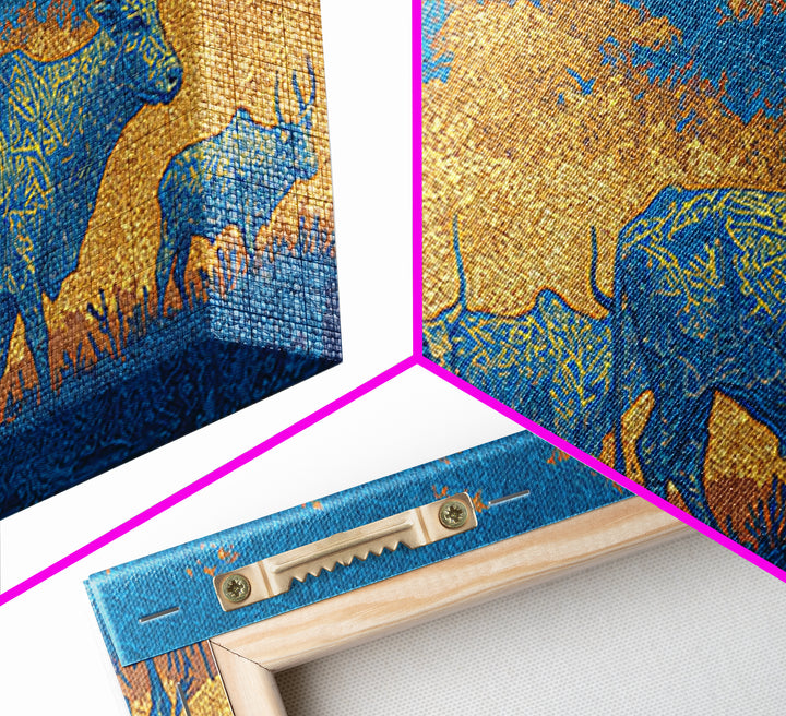 Blue And Gold Watusi Herd Wall Art, African Safari Art Canvas Print, Savanna Landscape, Colorful African Wall Decor Gift