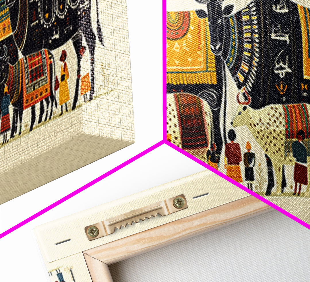 Patterned Watusi Cattle Parade Wall Art, African Fabric Canvas Print, Ankara Decor, Cultural Home Decor Unique Gift For Her