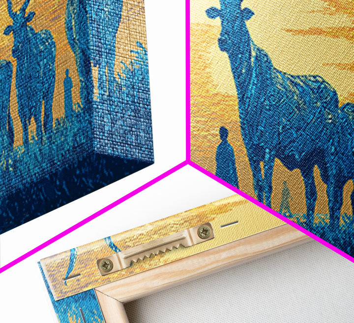 Blue Watusi Cattle Sunset Wall Art, African Safari Art Canvas Print, African Landscape, Rustic Living Room Decor Gift For Him
