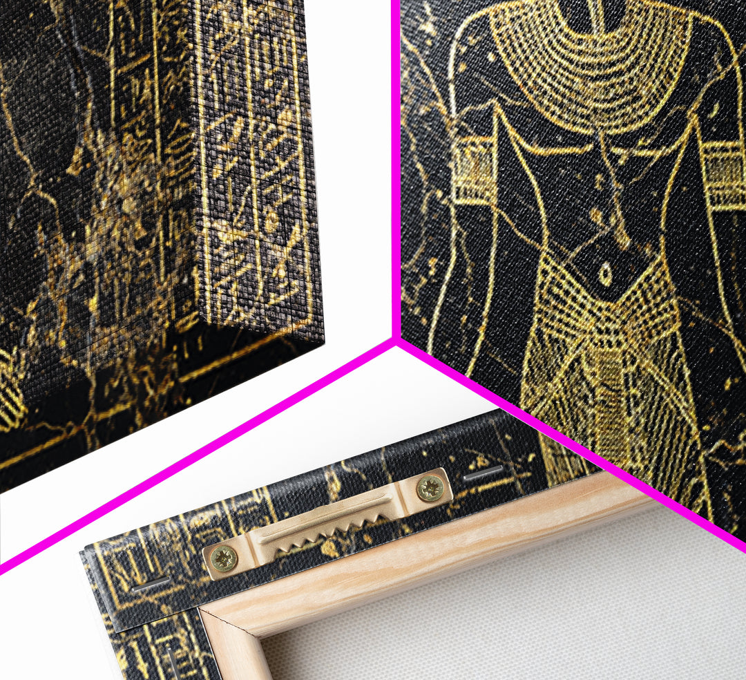 Gold Egyptian Queen Wall Art, African Egyptian Art Canvas Print, Hieroglyph Goddess Portrait, Black And Gold Home Decor Gift
