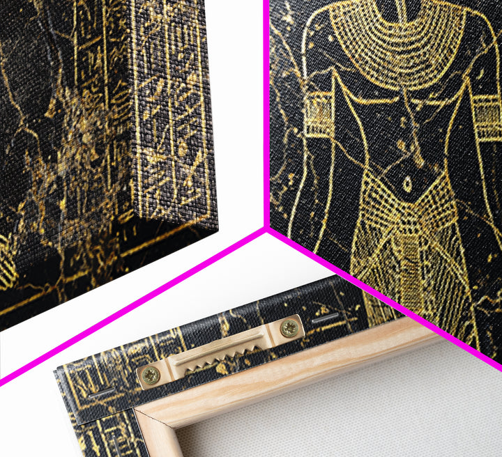 Gold Egyptian Queen Wall Art, African Egyptian Art Canvas Print, Hieroglyph Goddess Portrait, Black And Gold Home Decor Gift