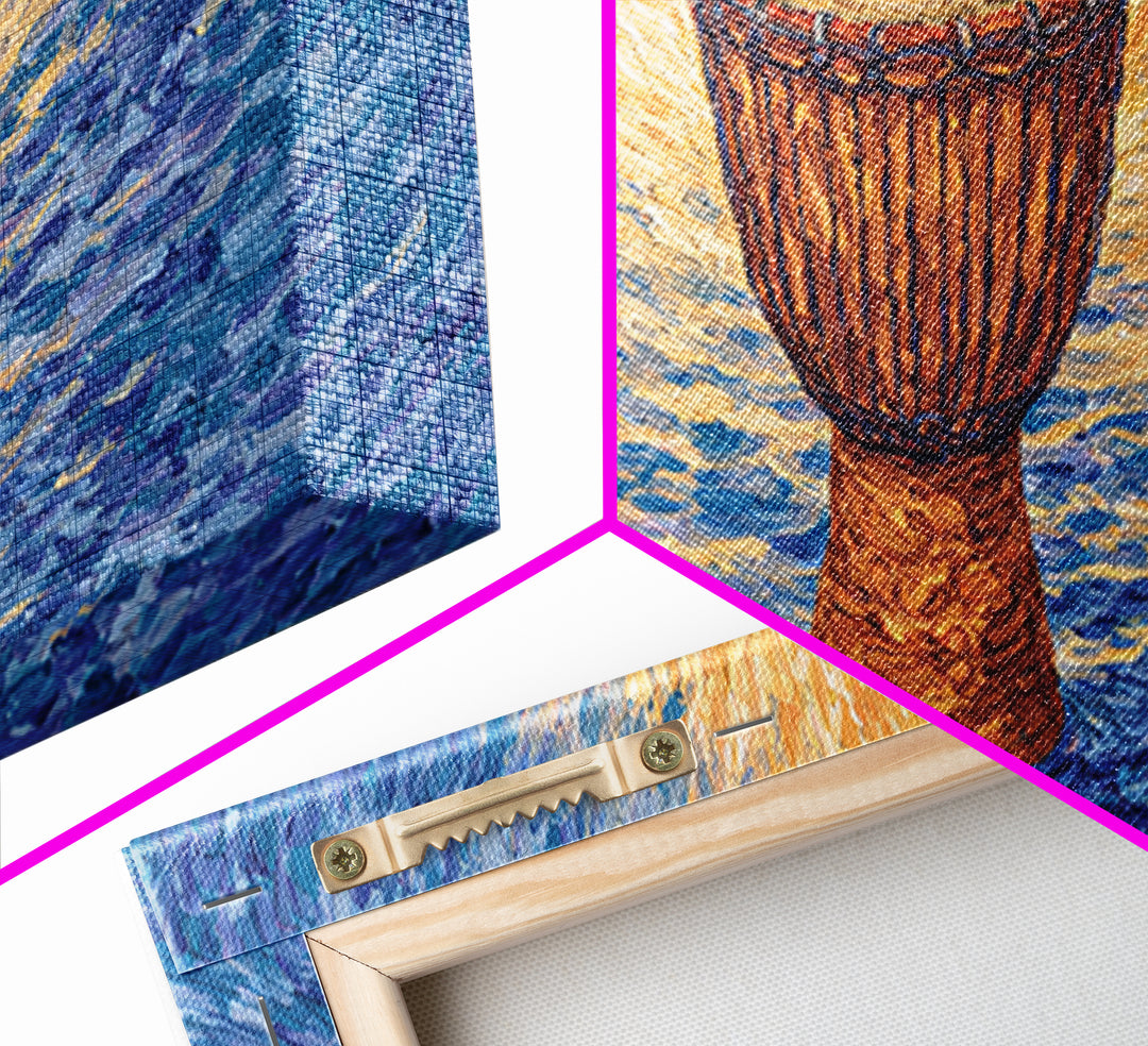 Solo Djembe Drum Framed Canvas Print, African Music Wall Art, Blue Gold Cultural Decor, Afrocentric Rhythm Gift For Living Room